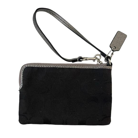COACH Black Canvas Zip Wallet Purse Wristlet Metallic Pewter Trim F64643 - Picture 3 of 8